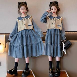 官方正品 春秋款 牛仔套裝 連衣裙女孩洋氣公主裙子秋 中大兒童女童裝