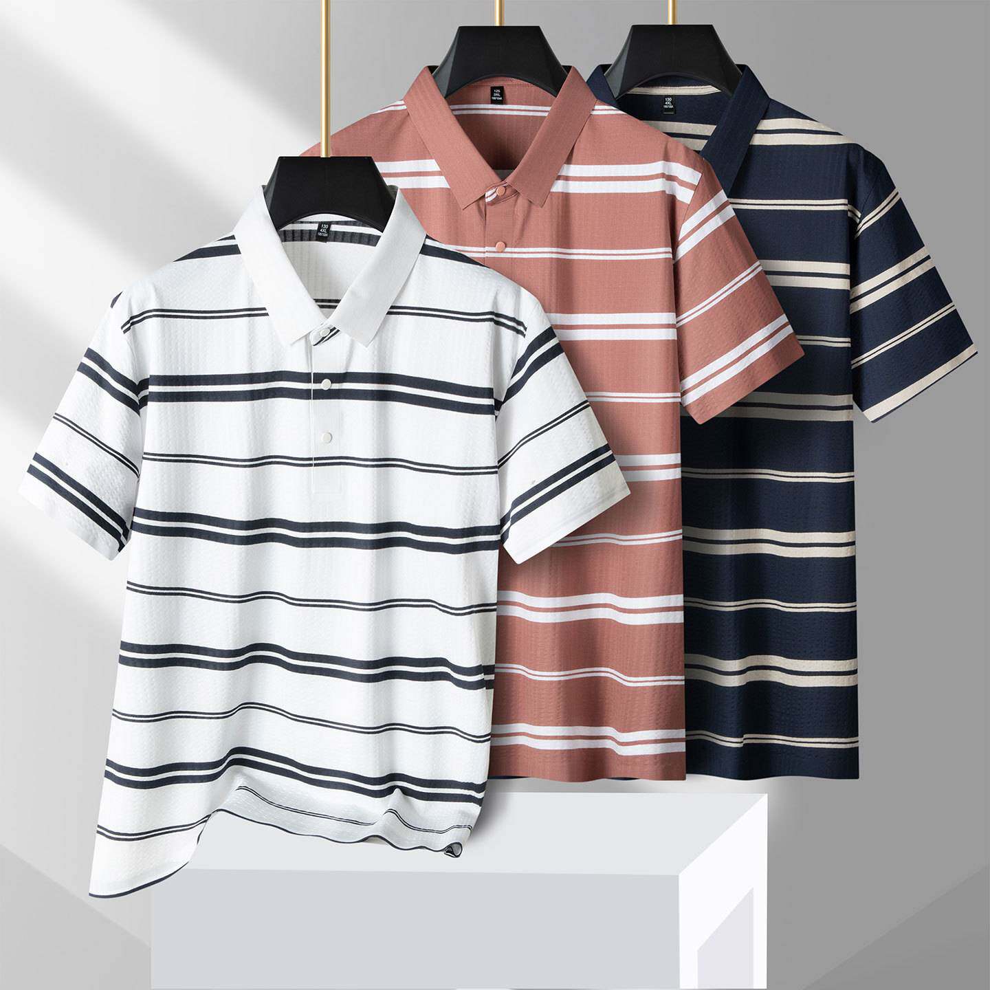 官方品牌2026年夏季新款男士加肥加大码商务休闲翻领条纹短袖T恤