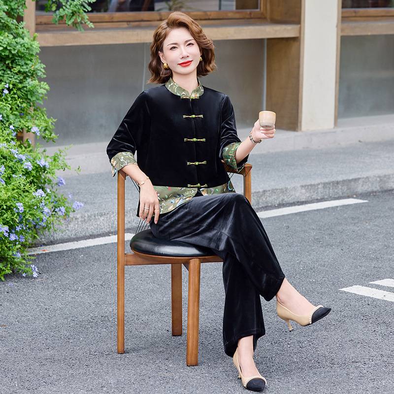 官方正品妈妈秋装复古金丝绒套装洋气中老年女装春秋新中式唐装上