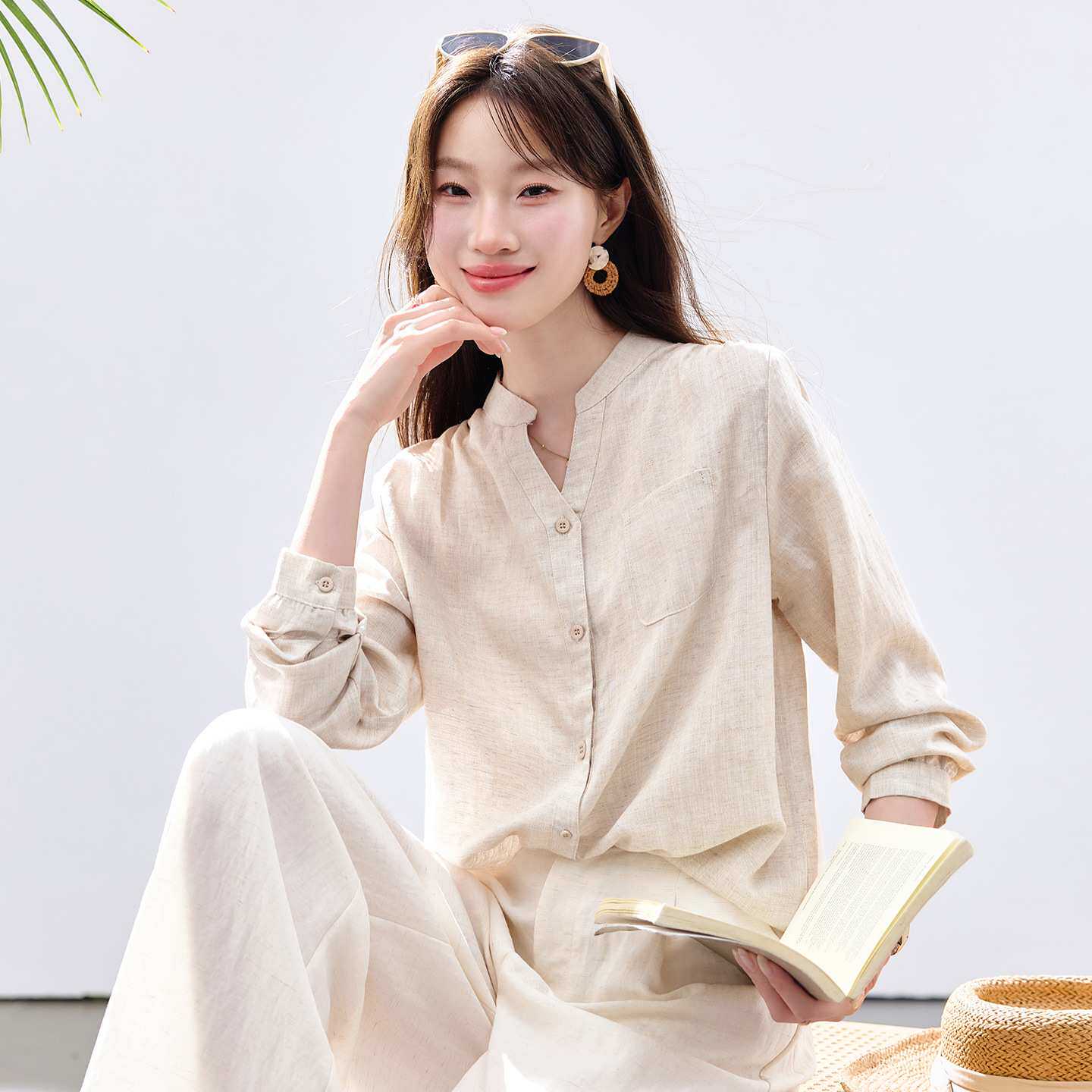 官方2026秋季新款纯亚麻长袖衬衫女时尚休闲宽松显瘦春秋女装衬衣
