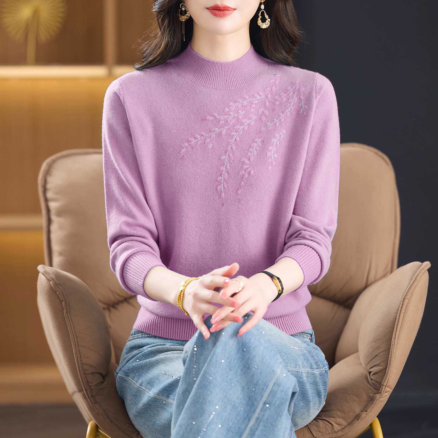 官方半高领针织衫全羊毛衫2026秋冬打底衫绣花毛衣女中老年妈妈装