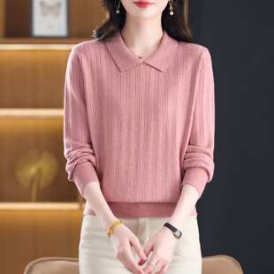 官方翻领针织衫短款上衣秋装女款2026新款宽松显瘦套头毛衣妈妈打