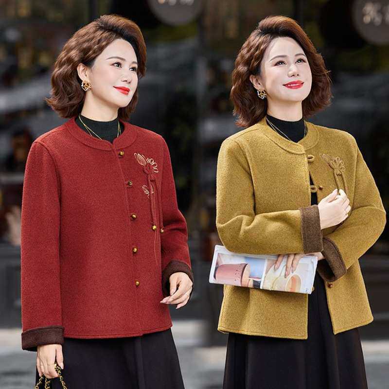 官方中老年女装春秋外套时尚大码宽松上衣妈妈洋气百搭毛呢外套新