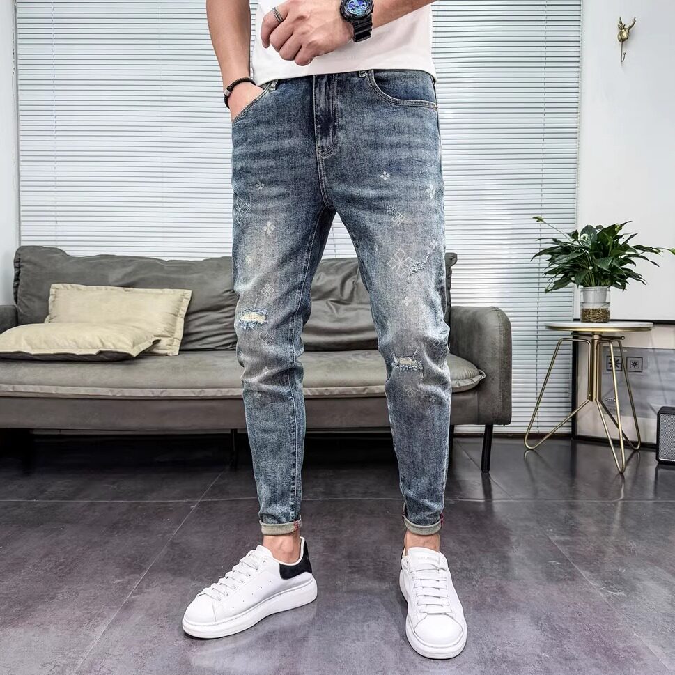 牛仔裤男2025春秋新款欧货印花时尚潮流潮牌破洞修身小脚九分长裤