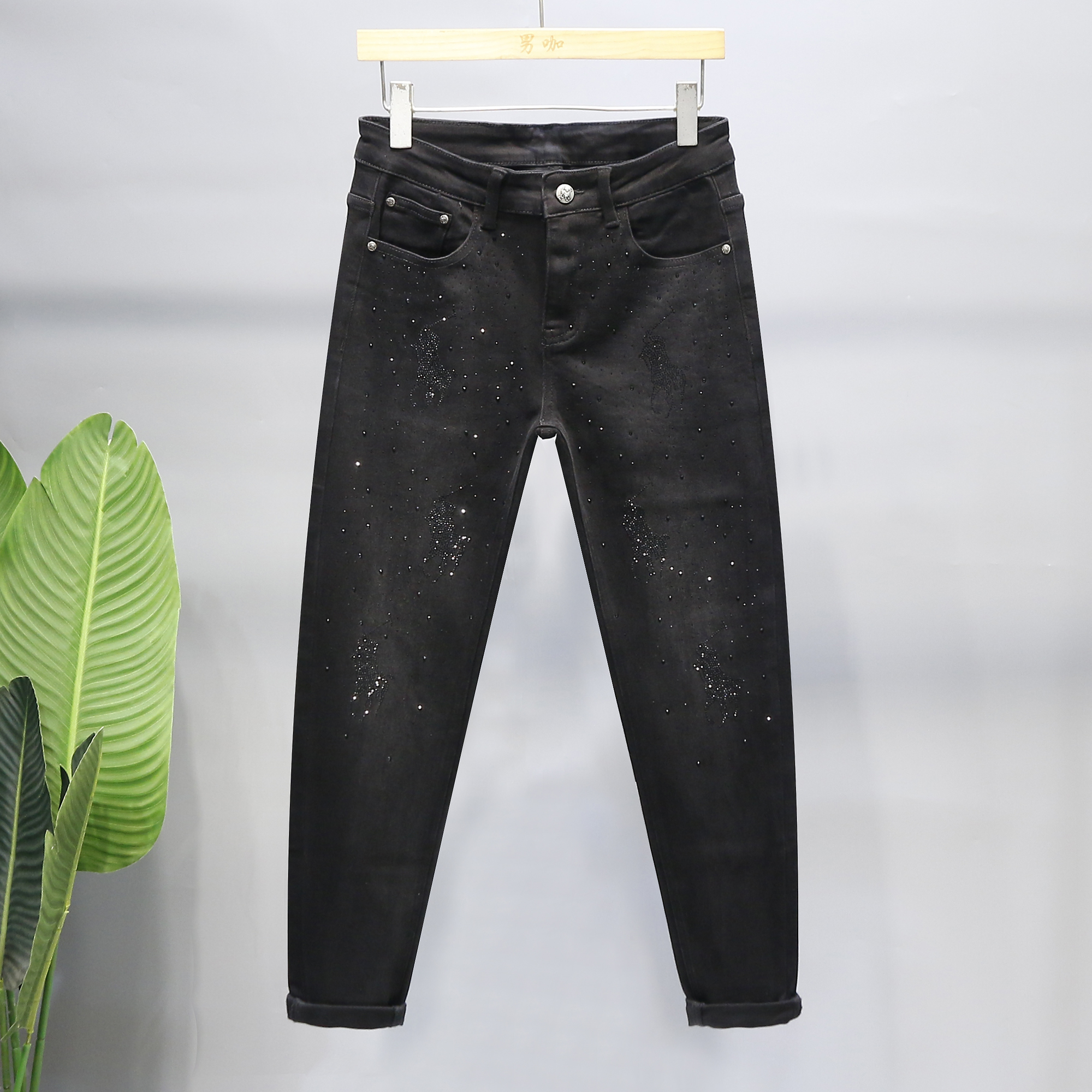 欧洲站男牛仔裤修身烫钻修身高端