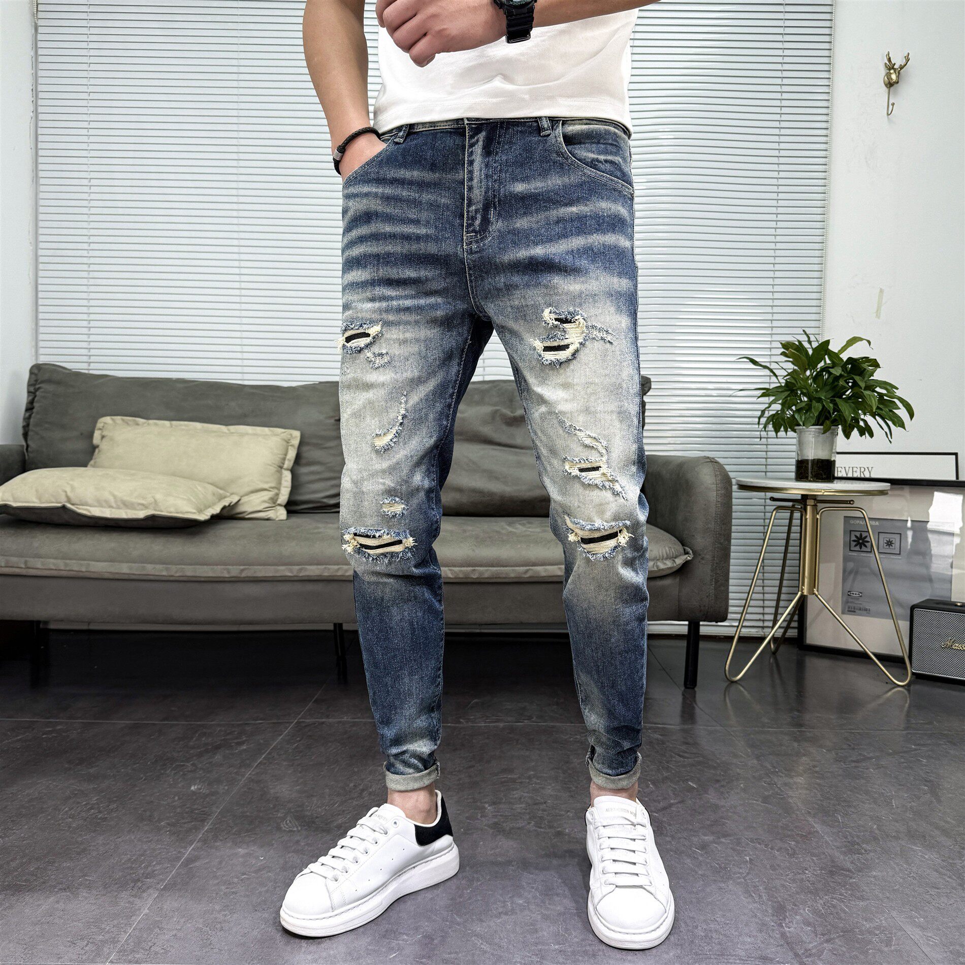 破洞牛仔裤男2026春季新款潮流百搭韩版水洗低腰弹力乞丐小脚长裤