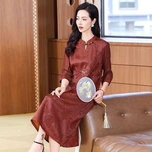改良旗袍禮服桑蠶絲真絲新中 聲雨竹香云紗連衣裙媽媽喜婆婆婚宴裝