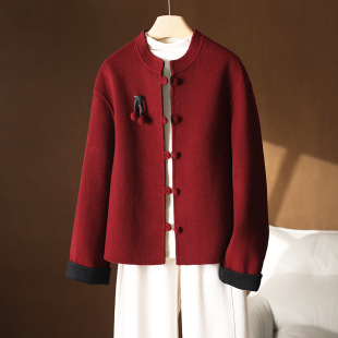 2025秋冬短款 毛呢外套小个子女 双面羊绒大衣网红国风单排扣新中式