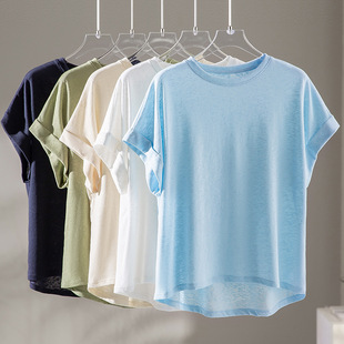 新款 上衣舒适吸湿透气26夏季 t恤女宽松圆领修身 慵懒风雨露麻短袖