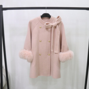 设计感斗篷毛呢外套女冬季 小香风蝴蝶结双面羊毛大衣加厚上衣 新款