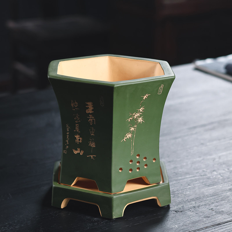 宜兴紫砂花盆精品手工制作段泥六方兰花盆君子兰蝴蝶兰花盆透气