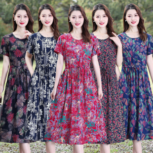 女装 洋气高端棉绸中老年大码 人造棉长裙子 新款 中年妈妈连衣裙夏季