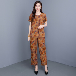 人造棉两件套 大码 中年妈妈五十多岁洋气套装 棉绸外穿中老年女装