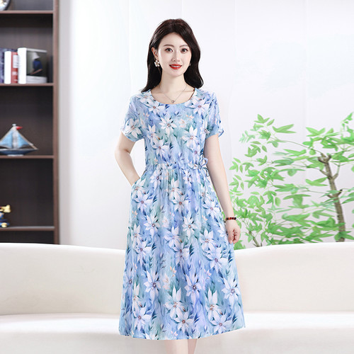 女士漂亮印花棉绸带兜系带连衣裙