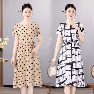 大码 棉绸连衣裙外穿中老年女装 人造棉过膝宽松裙子薄 新款 妈妈夏季