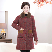 毛呢外套中长款 妈妈装 冬季 中老年女加绒加厚格子翻领保暖大衣洋气