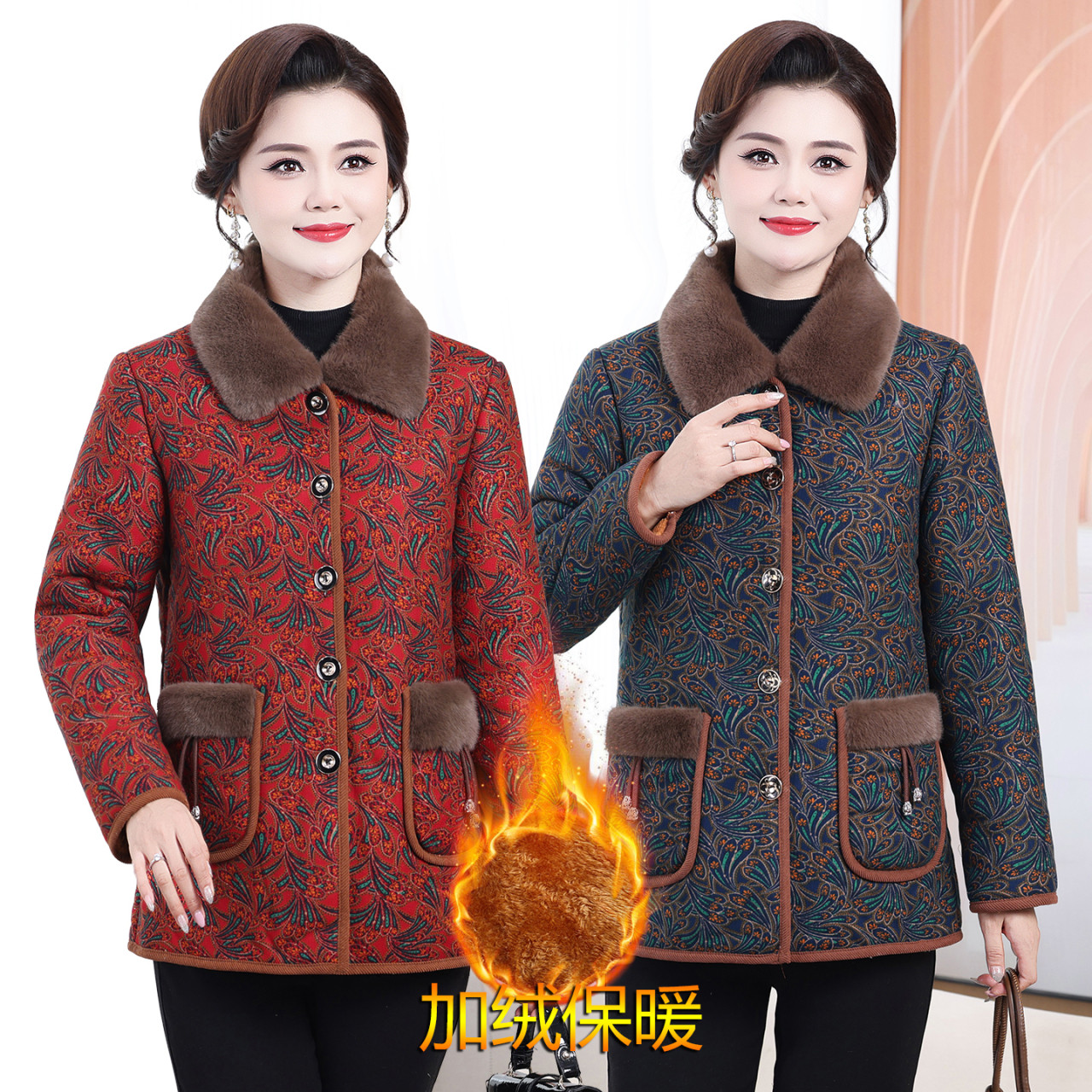 新款羊羔绒加棉加厚花棉袄洋气