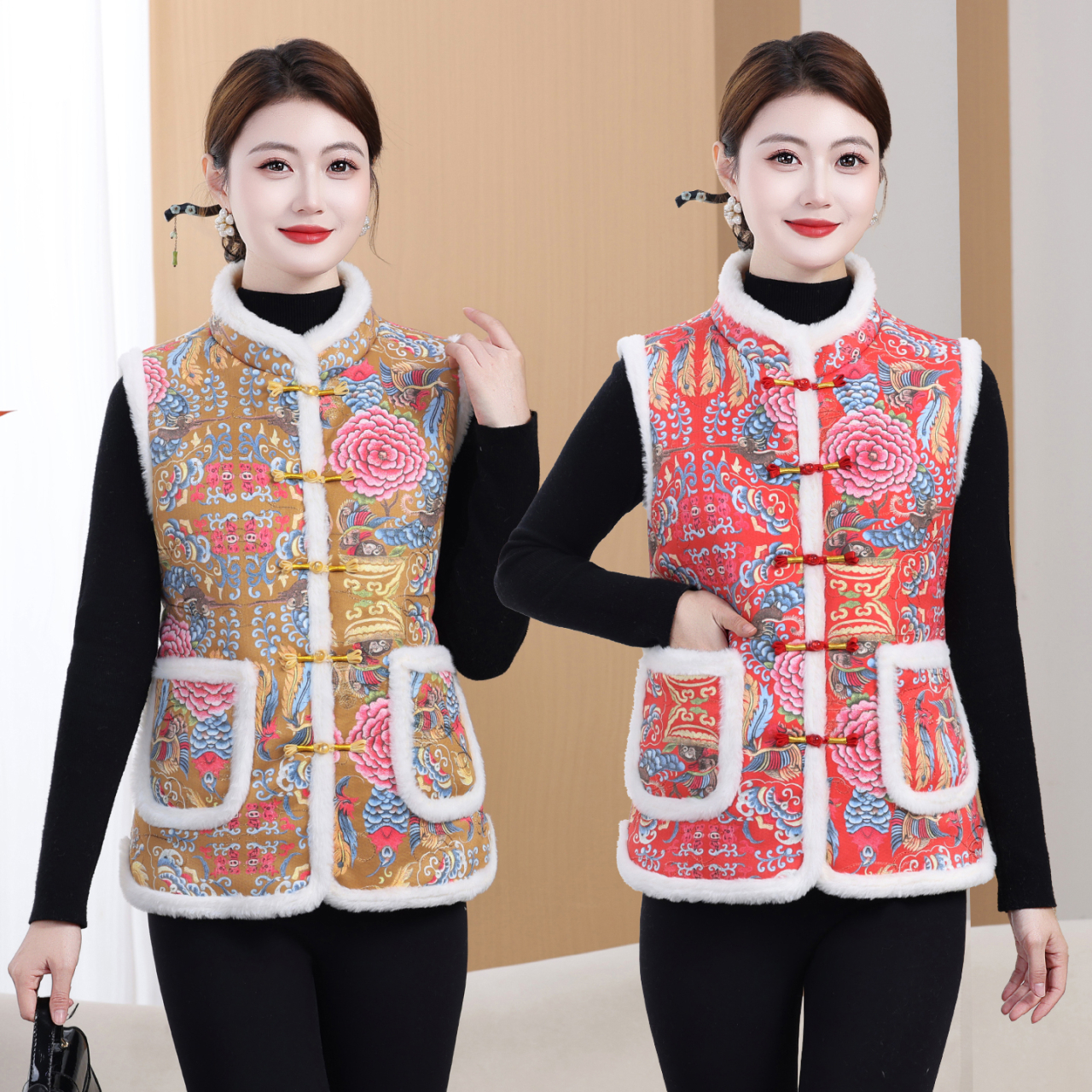 妈妈冬装新中式加绒加厚马甲洋气大码保暖背心国风唐装外套大码