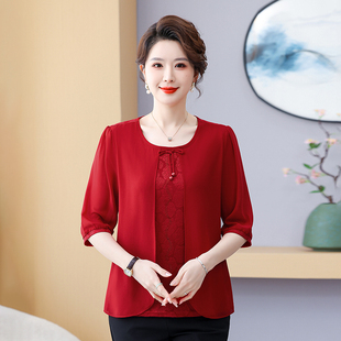 短袖 T恤中老年女洋气小衫 雪纺衫 半袖 宽松遮肚子 2025新款 妈妈夏装