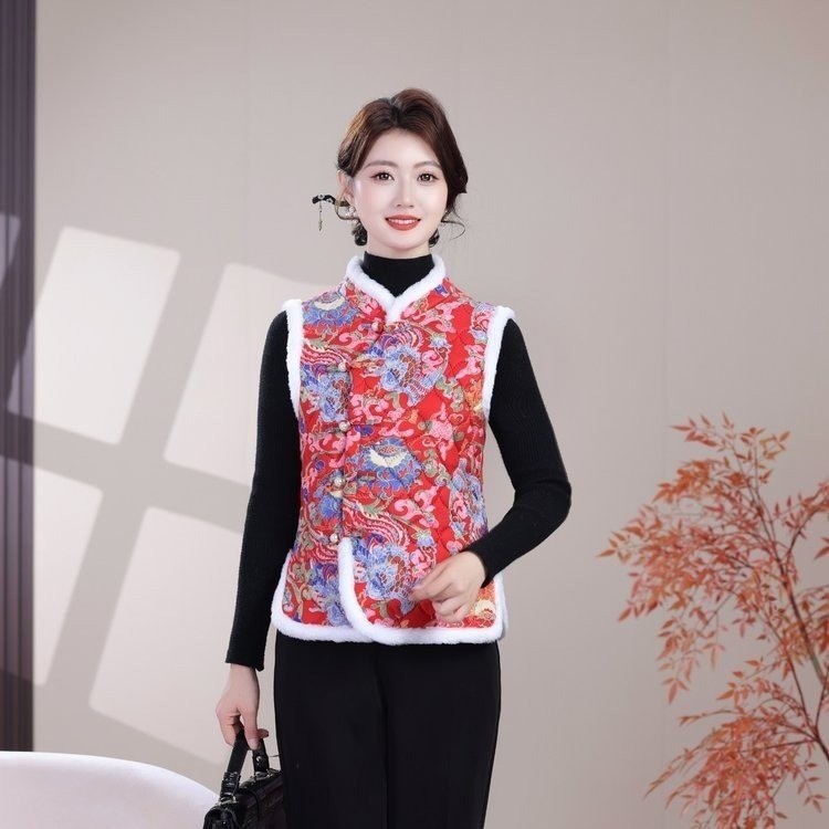 中年妈妈秋冬加绒唐装中国风棉马甲外穿洋气大码中老年女保暖背心