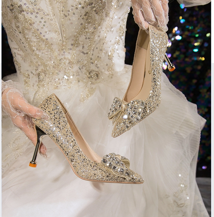主婚纱订婚结婚鞋香槟金色高跟鞋水晶婚鞋新娘鞋女细跟2023年新款