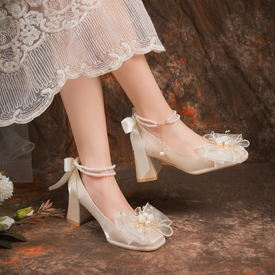 伴娘高跟鞋女粗跟不累脚珍珠婚鞋秀禾婚纱两穿法式新娘鞋日常可穿