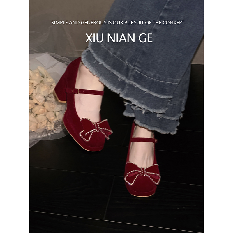 蝴蝶结订婚鞋粗跟绝美红色高级感禾秀敬酒礼服新娘玛丽珍高跟鞋女