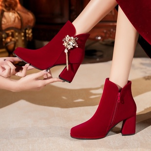 2025新款 女冬季 高跟方头短靴禾秀婚纱两穿红色粗跟靴子 新娘鞋 婚鞋