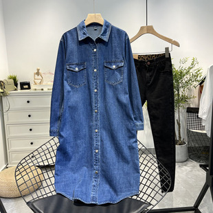 2022年秋季新款中长款深色牛仔衬衫女韩版宽松百搭显瘦长袖衬衣女