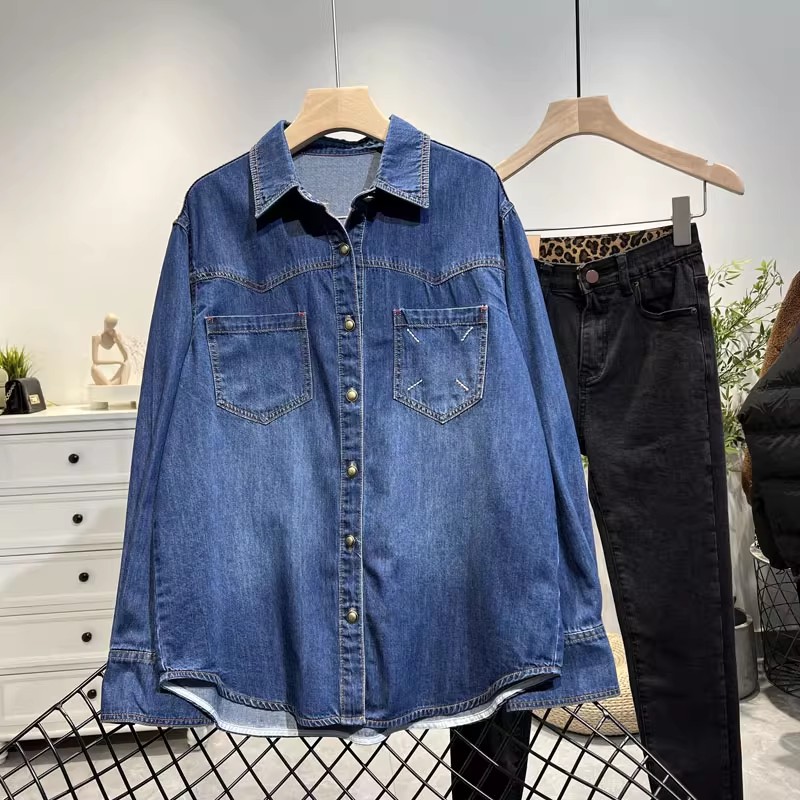 春秋新款遮臀款翻领时尚欧货牛仔衬衫女宽松休闲长袖衬衣女外套