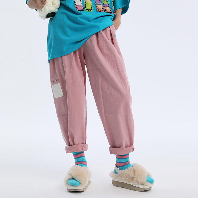 NMORE设计师品牌 珊瑚浅粉斜搭门襟松紧腰长裤