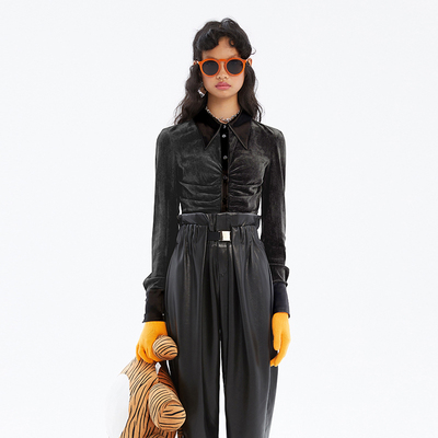 NMORE设计师品牌 生机绿植绒网纱抽褶窄袖衬衫