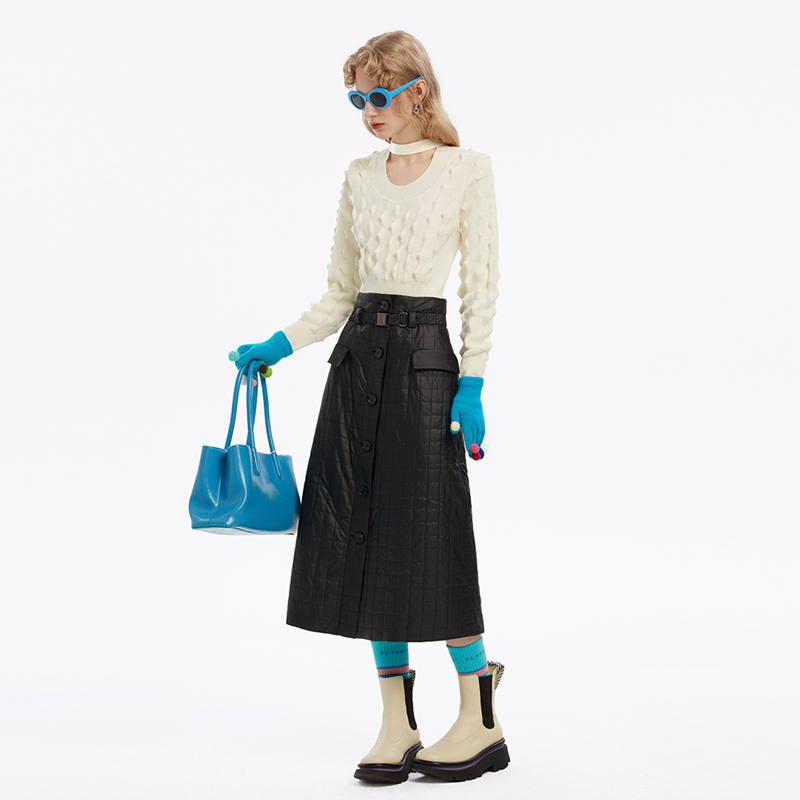 NMORE设计师品牌 隐秘黑对称口袋方格绗棉半裙