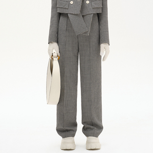 NMORE设计师品牌 黑白格纹斜搭门腰褶裥长裤