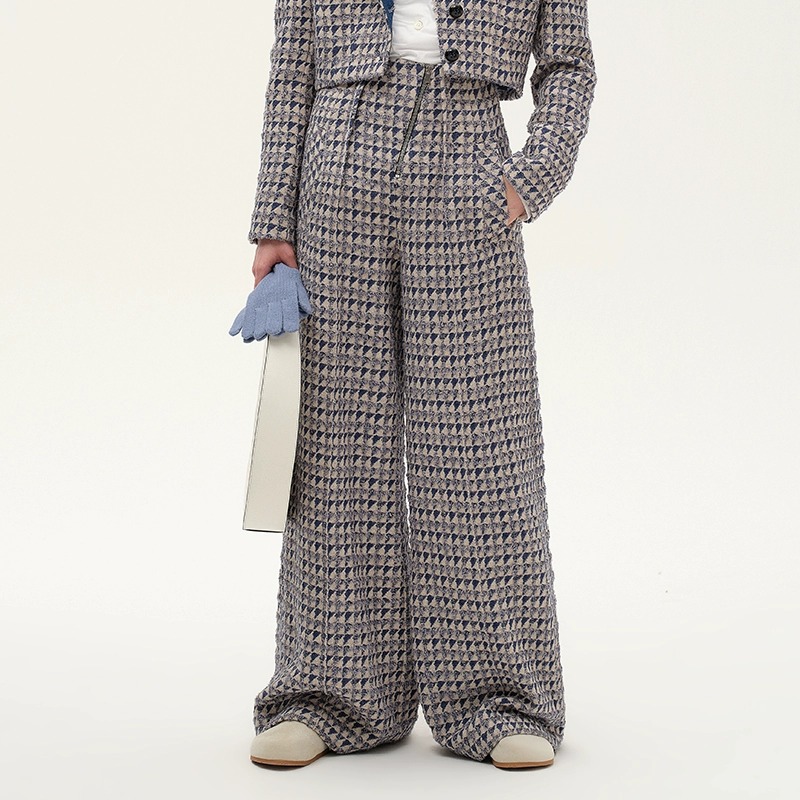 NMORE设计师品牌 黑白粗纺花纹羊毛长裤