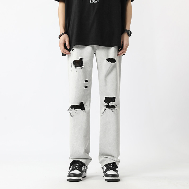 现货~2023夏季新款高街破洞白色牛仔裤男潮牌NK808-P55_控78，男装牛仔裤，星座1102-1