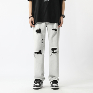 现货~2023夏季新款高街破洞白色牛仔裤男潮牌 NK808-P55_控78，男装牛仔裤，星座1102-1