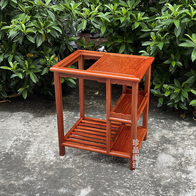 红木家具 缅甸花梨木大果紫檀茶车茶几 茶水架带抽屉 实木小茶桌