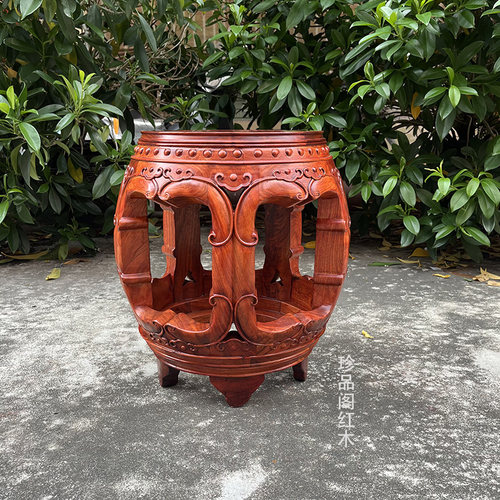 红木家具缅甸花梨木鼓凳大果紫檀中式实木圆凳换鞋凳茶几凳子绣墩