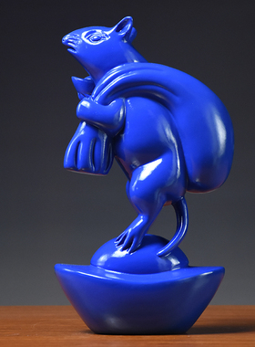 蓝色雕老鼠摆件木质十二生肖布袋鼠装饰工艺品卧室招财家居摆件