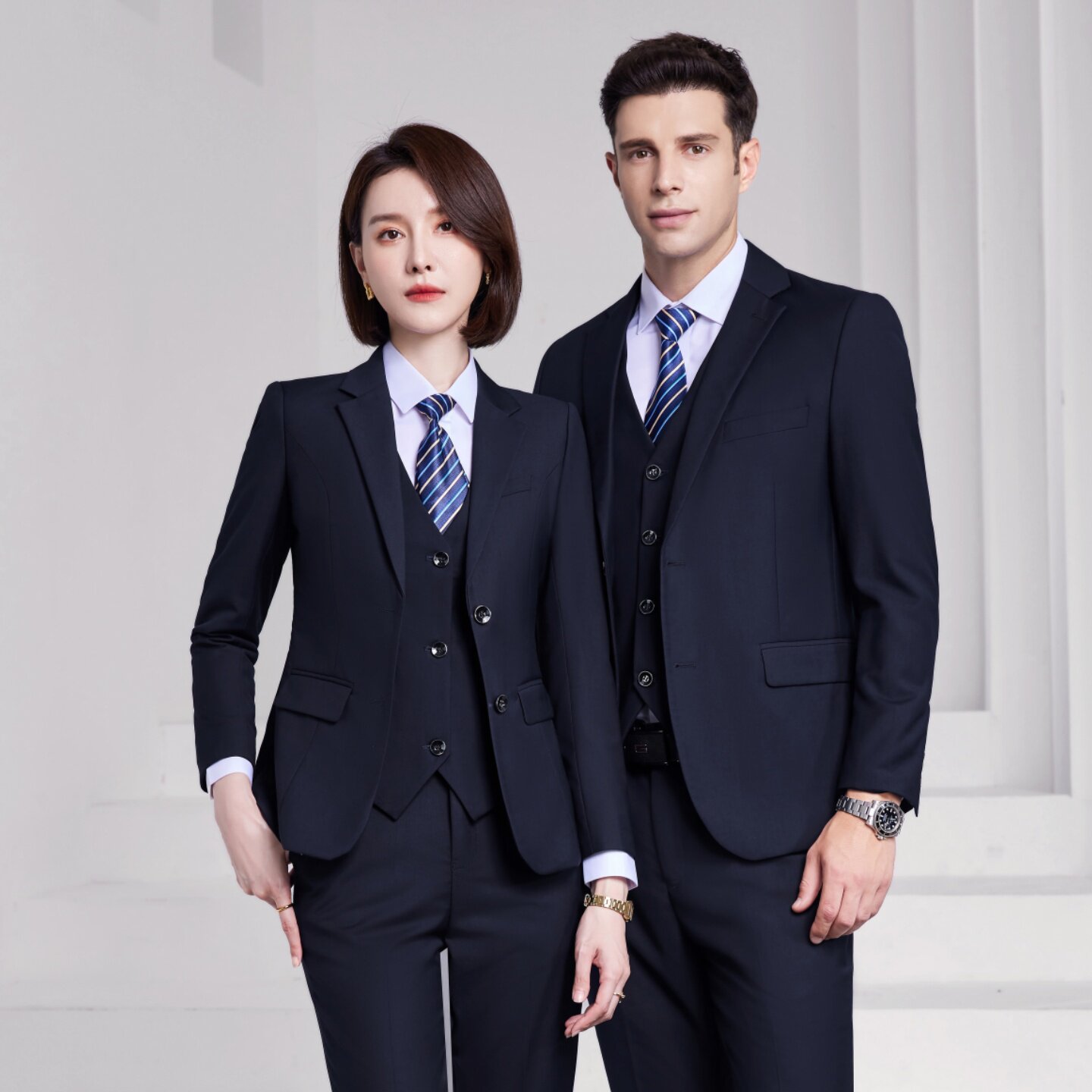 男女行服兴业银行西装外套藏蓝色西服套装衬衫裤子马甲西裤工作服