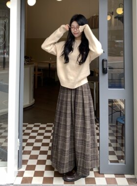 DOMX秋冬2025新款咖色格子毛呢百褶半身裙女韩系高腰a字长裙厚款