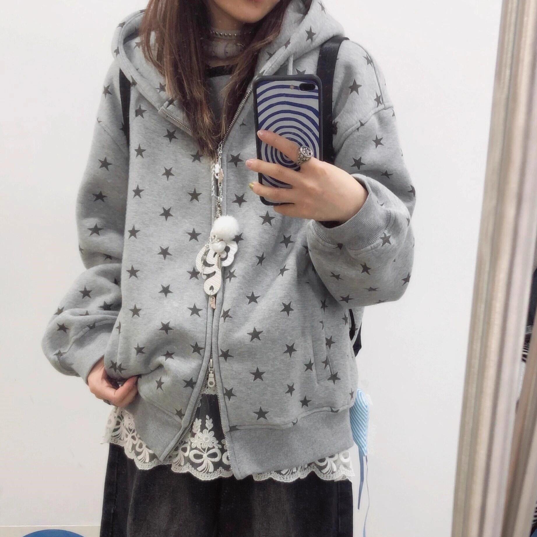 美式星星印花灰色连帽卫衣女加绒2025新款宽松慵懒风拉链开衫外套