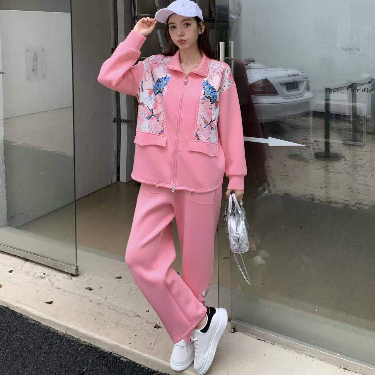 妙糖女装2025秋季新品空气棉桃粉色少女休闲卫衣开衫外套套装