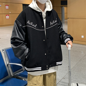 EQ91 呢料拼接外套男2024新款秋装棒球服夹克创意印花学院风 P118图片
