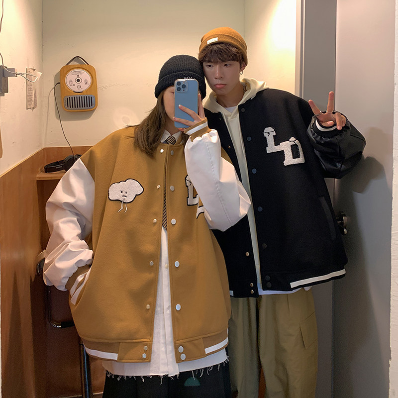 EQ97情侣装秋装2024新款呢料外套学生棒球服毛巾绣夹克女装P110,男装夹克,电商C306-1
