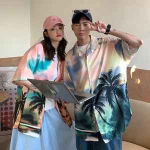 EQ32 夏季新款港风男女夏威夷风格休闲衬衫短袖宽松半袖情侣装P40图片