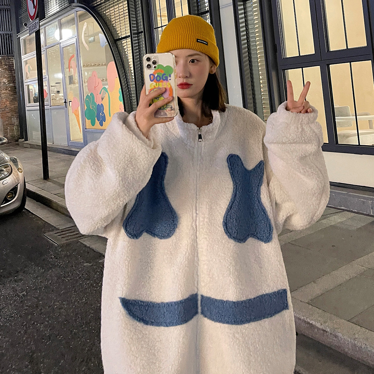EY101冬季新款港风潮女炸街加厚羊羔毛笑脸刺绣衣服外套P105,女装棉衣/棉服,电商C306-1