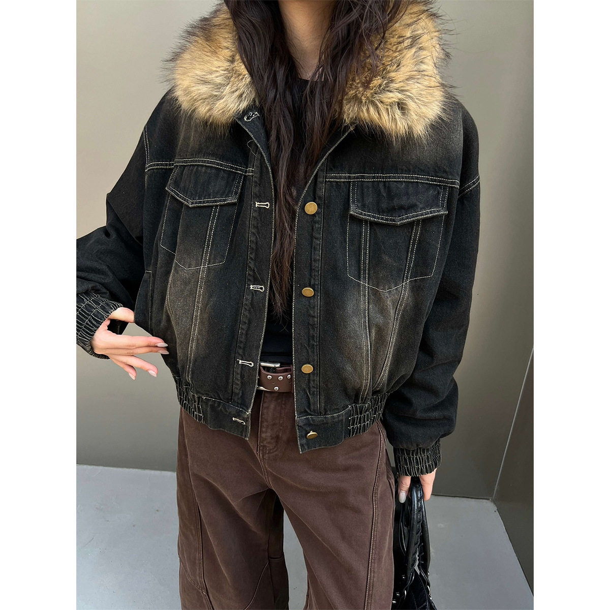 2025冬季新款复古水洗牛仔白羽绒服