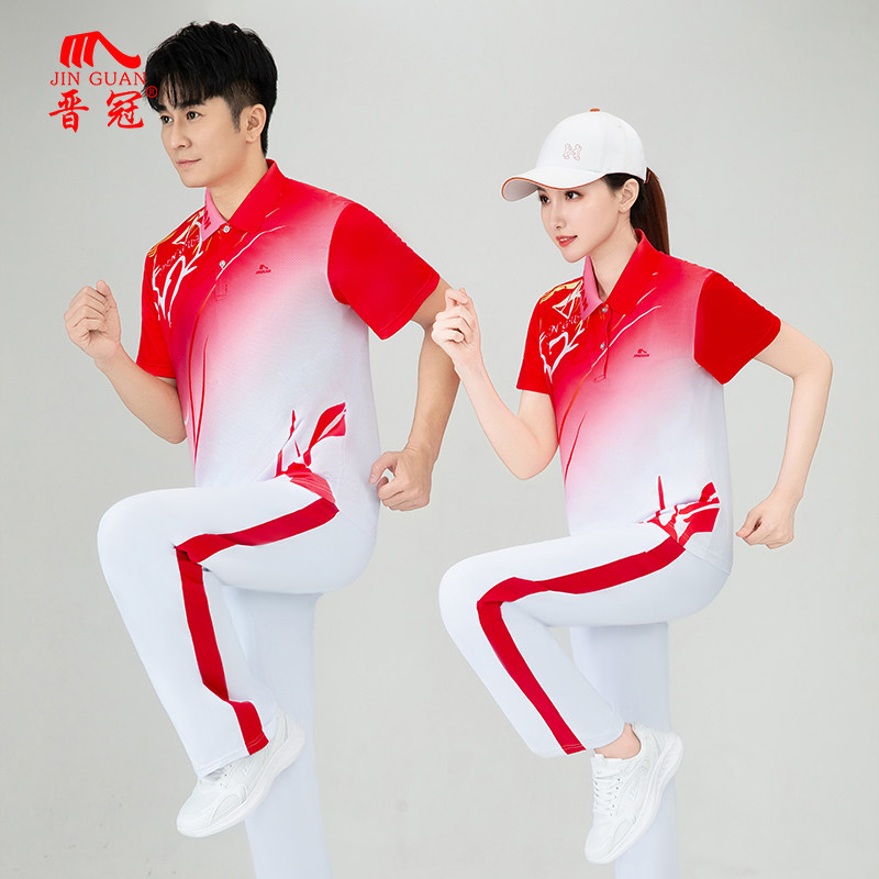 晋冠短袖运动服女新款翻领休闲套装健身操广场舞表演休闲服装夏装